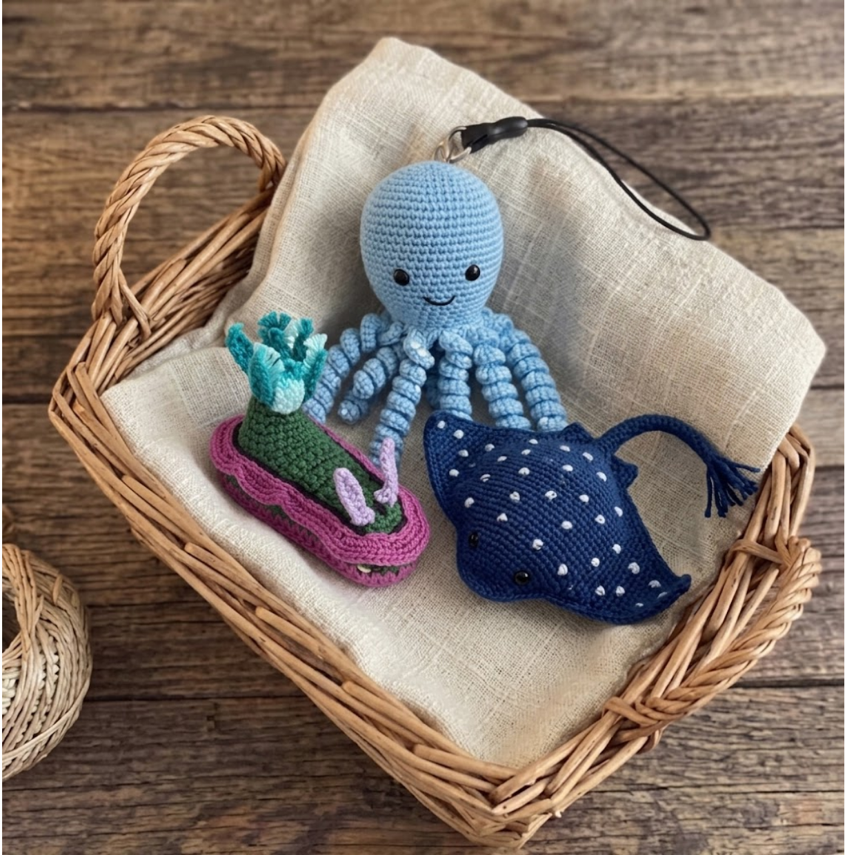 Handcrafted crocheted marine animals stuffed with plastic waste